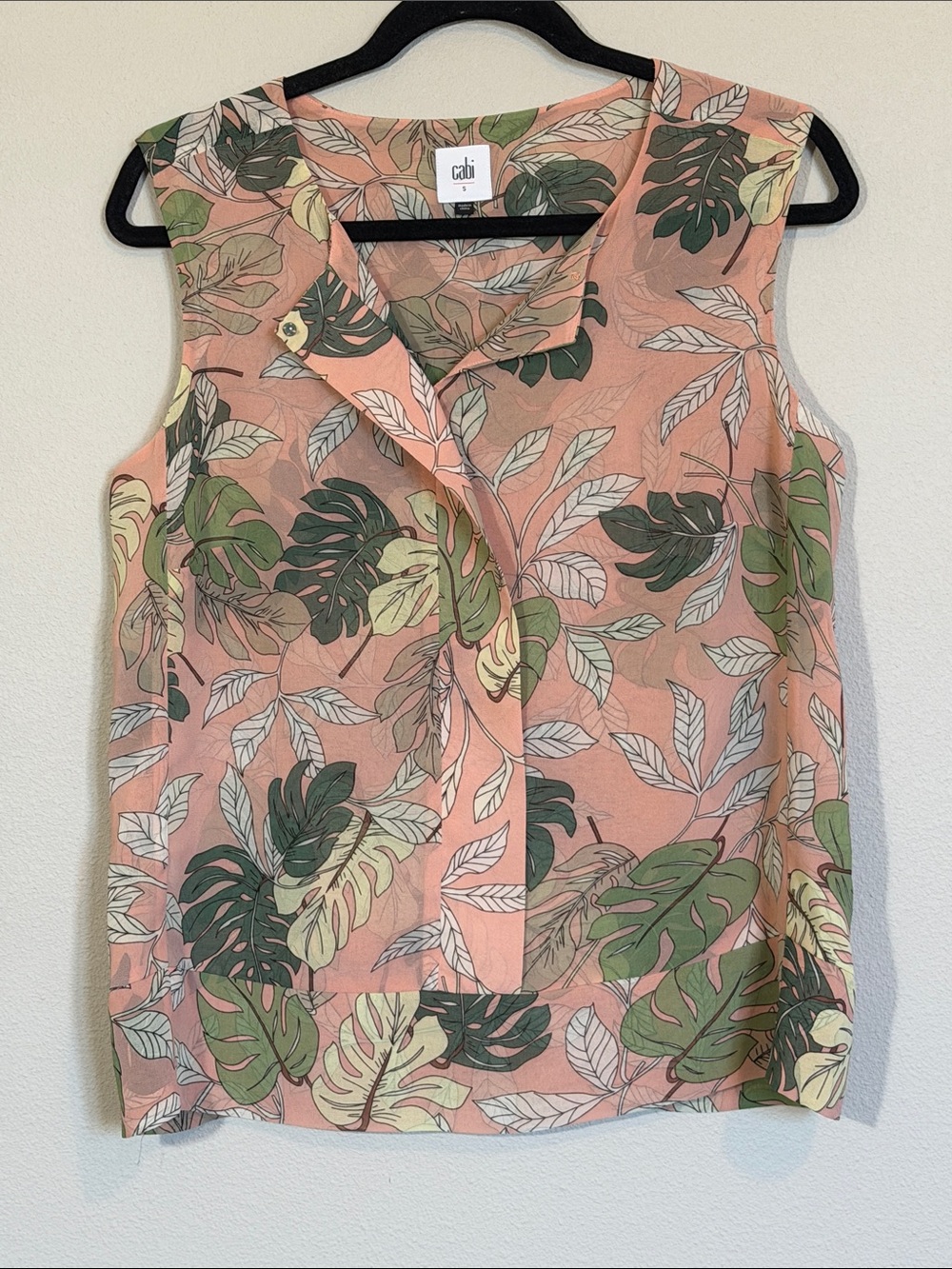 CAbi Pink Tropical Leaf Sleeveless Button V-Neck Top